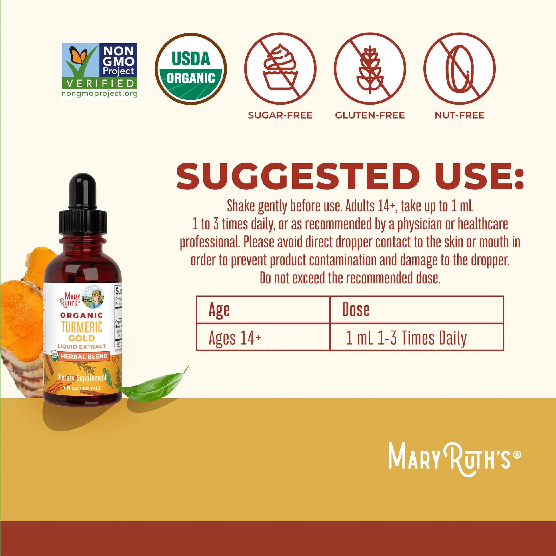 MaryRuth Organics USDA Turmeric Gold Liquid Drops | Herbal Blend | Turmeric Curcumin | Black Pepper | Cassia Cinnamon Bark | Ginger Root | Immune Support | Non-GMO Project Verified | Vegan | 1oz MARYRUTH'S Au supplements