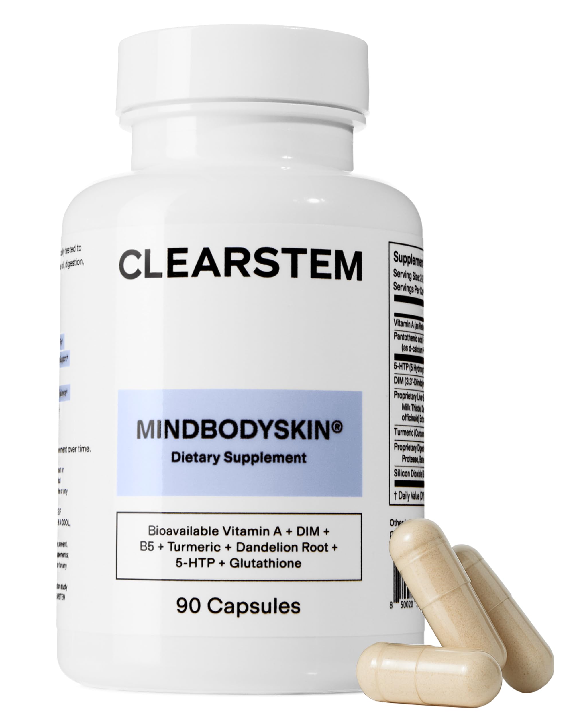 CLEARSTEM - MINDBODYSKIN Hormonal Acne Supplement (5-HTP) - Natural DIM Supplement - Skin Care Vitamins - Hormone Balance, Antioxidants - Gluten Free, Cruelty Free - 30 Servings, 90 Capsules CLEARSTEM Au supplements