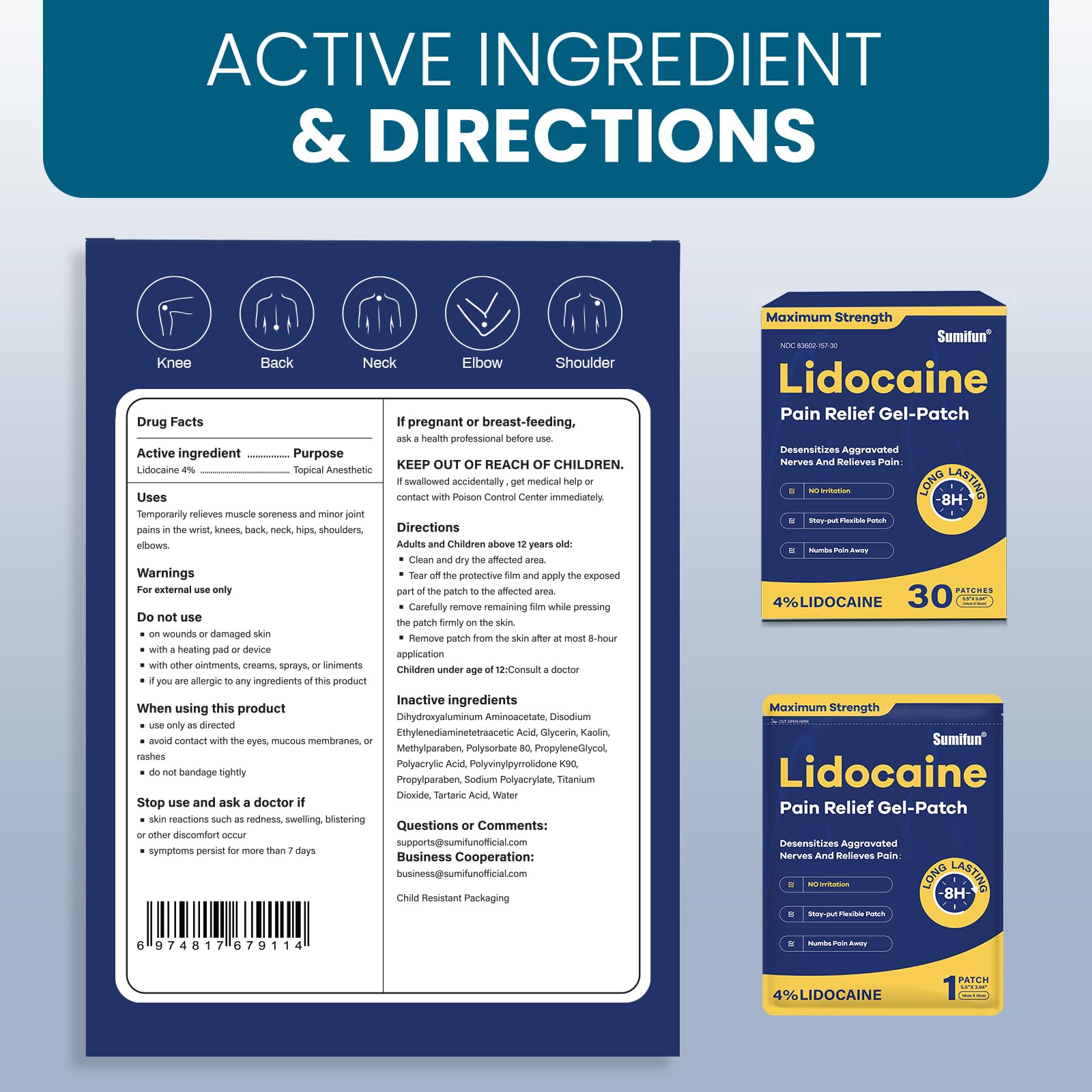 Sumifun 4% Lidocaine Pain Relief Patches 30 Count Maximum Strength Numbing Gel Patch for Back Knee Neck Joint Ache Muscle Soreness Topical Analgesic Sumifun Au supplements