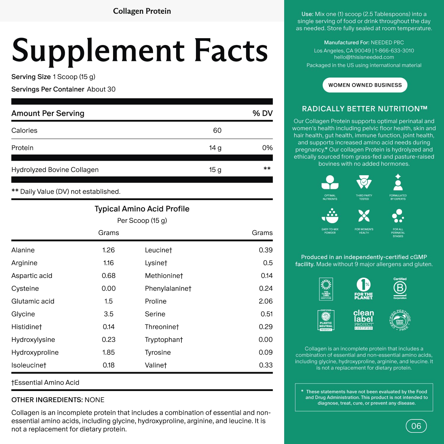 Needed. Hydrolyzed Collagen Protein Powder | Expert-Backed & Clean Sourced | Supports Skin, Hair, Joints | Grass-fed, Pasture-Raised, Hormone-Free | 1lb Needed. Au supplements