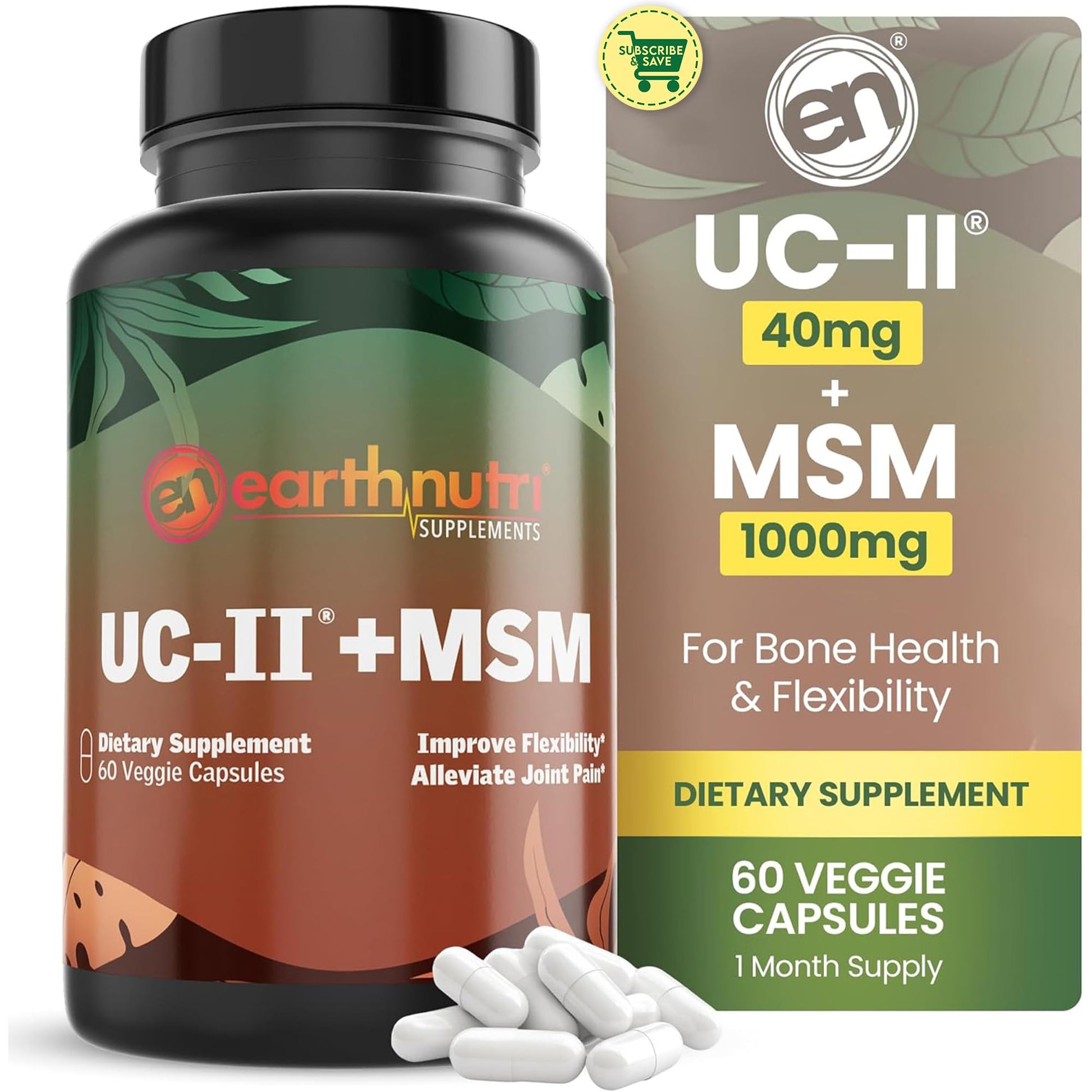 EarthNutri UC-II Collagen & MSM Supplement for Bone Health and Joint Flexibility Joint Supplement - 40mg UC-II Providing 10mg Total Collagen & 1000mg MSM - 60 Capsules (2 Caps Daily) EarthNutri Au supplements