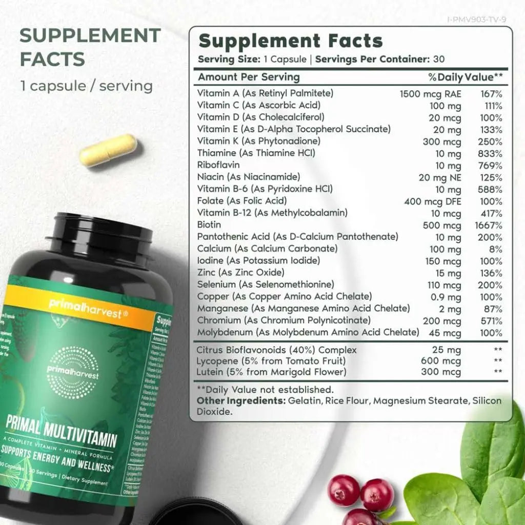 Primal Harvest Primal Multivitamin - Daily Multi-Vitamin Supplement with 21 Essential Vitamins & Minerals for Women & Men - Vitamin A, C, D, E, B12, B6, Biotin Primal Harvest Au supplements