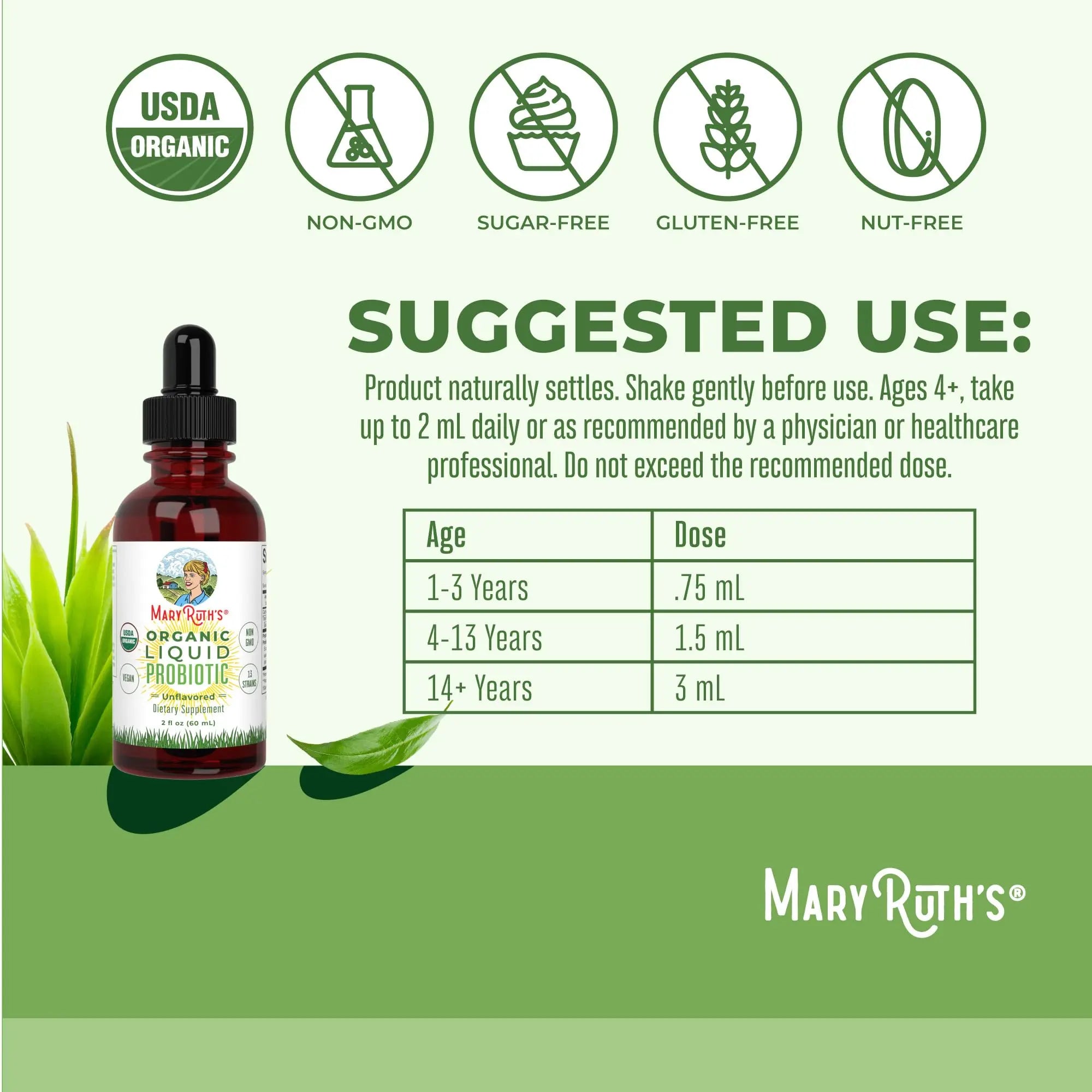 MaryRuth Organics Liquid Probiotic for Ages 4+ | 2 Billion CFU | 13 Probiotic Strains | Gut Health & Digestive Support | Gas & Bloating Support | Vegan | Gluten Free | Travel-Friendly | 20 Servings MARYRUTH'S Au supplements