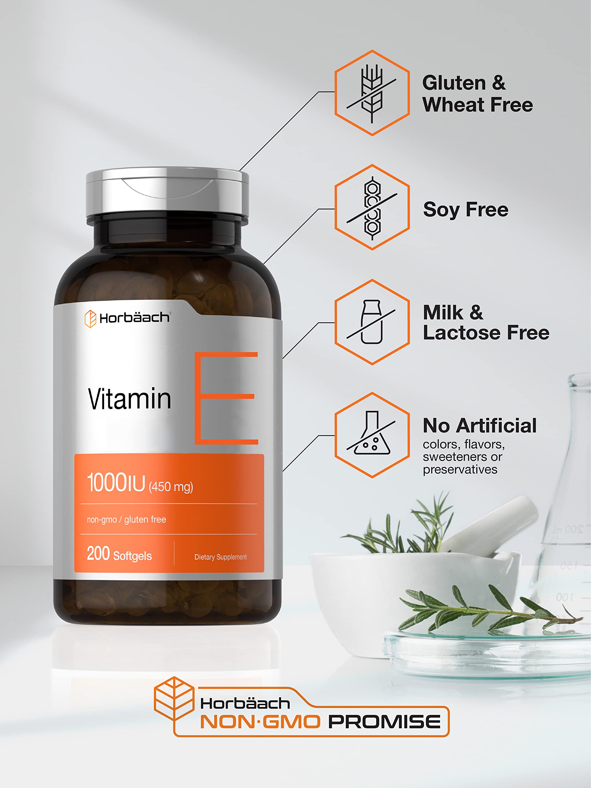 Vitamin E 1000 IU Softgel Capsules | 200 Count | Non-GMO, Gluten Free, Preservative Free Horbäach Au supplements