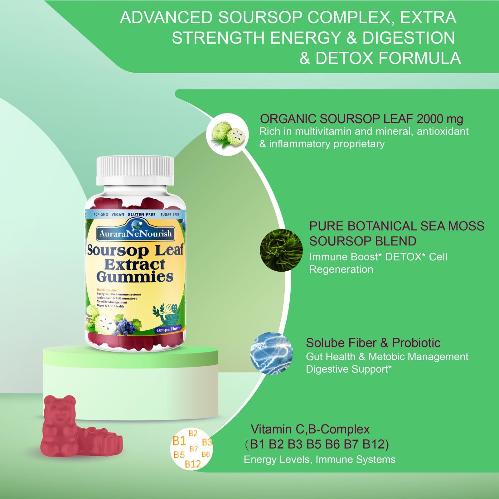 AuraraNeNourish Sugar Free Soursop Gummies with Probiotics & Fiber 100 Billion CFUs, Organic Soursop Leave Extract with Vitamin C B-Complex for Digestive Gut Health, Energy Balance, Immune Boost AuraraNeNourish Au supplements
