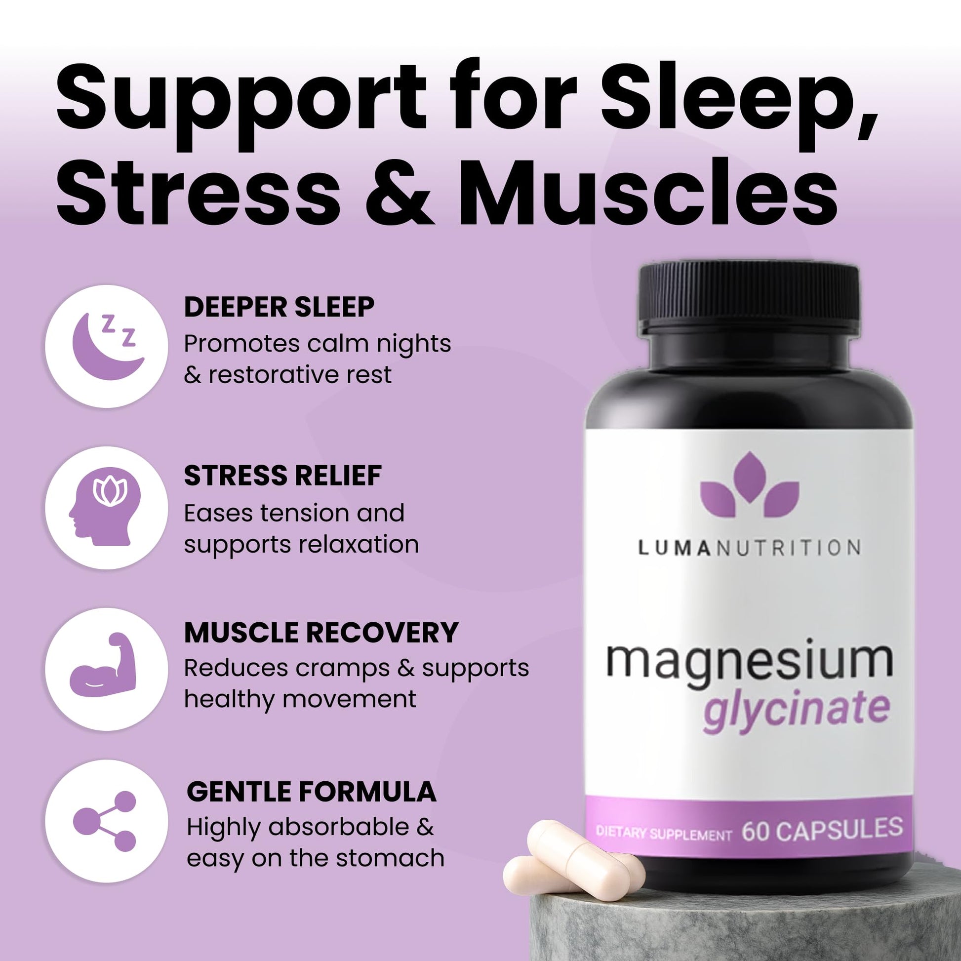 Luma Nutrition Magnesium Glycinate 1000mg - Support Stress, Sleep, Nerve & Muscle Health - 500mg Pure Magnesium Supplement Capsules - Chelated for High Absorption - 60 Veggie Capsules Luma Nutrition Au supplements
