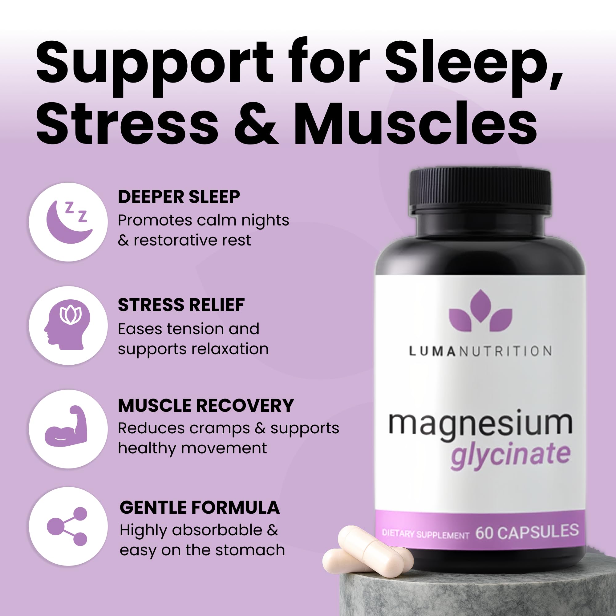 Luma Nutrition Magnesium Glycinate 1000mg - Support Stress, Sleep, Nerve & Muscle Health - 500mg Pure Magnesium Supplement Capsules - Chelated for High Absorption - 60 Veggie Capsules Luma Nutrition Au supplements