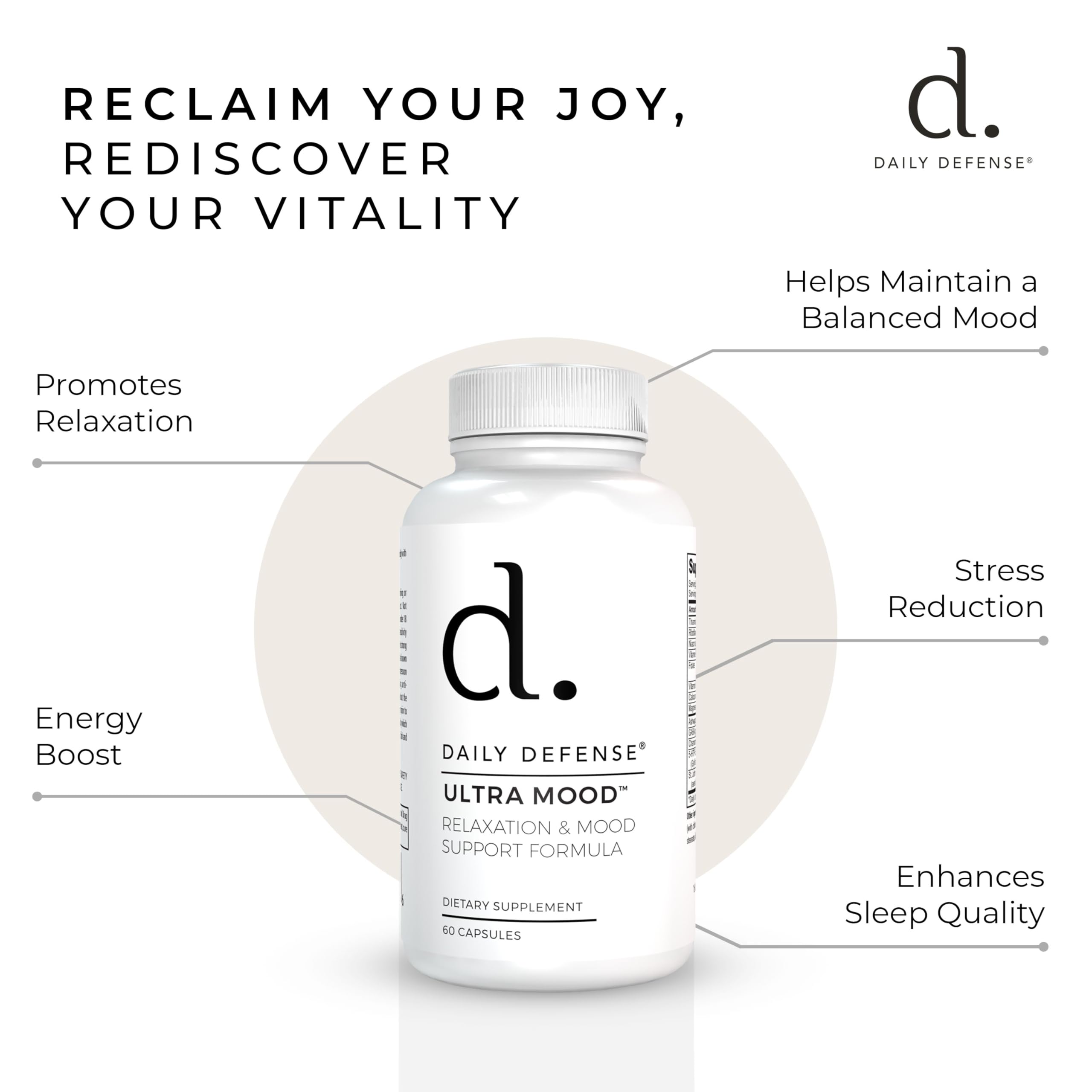 Daily Defense Mood Support Supplement - Ultra Mood 60 Count Mood Enhancer with Calcium Carbonate, Folic Acid, GABA, 5-HTP, Ashwagandha Root Extract & More - Non GMO Mood & Relaxation Supplement Daily Defense Au supplements