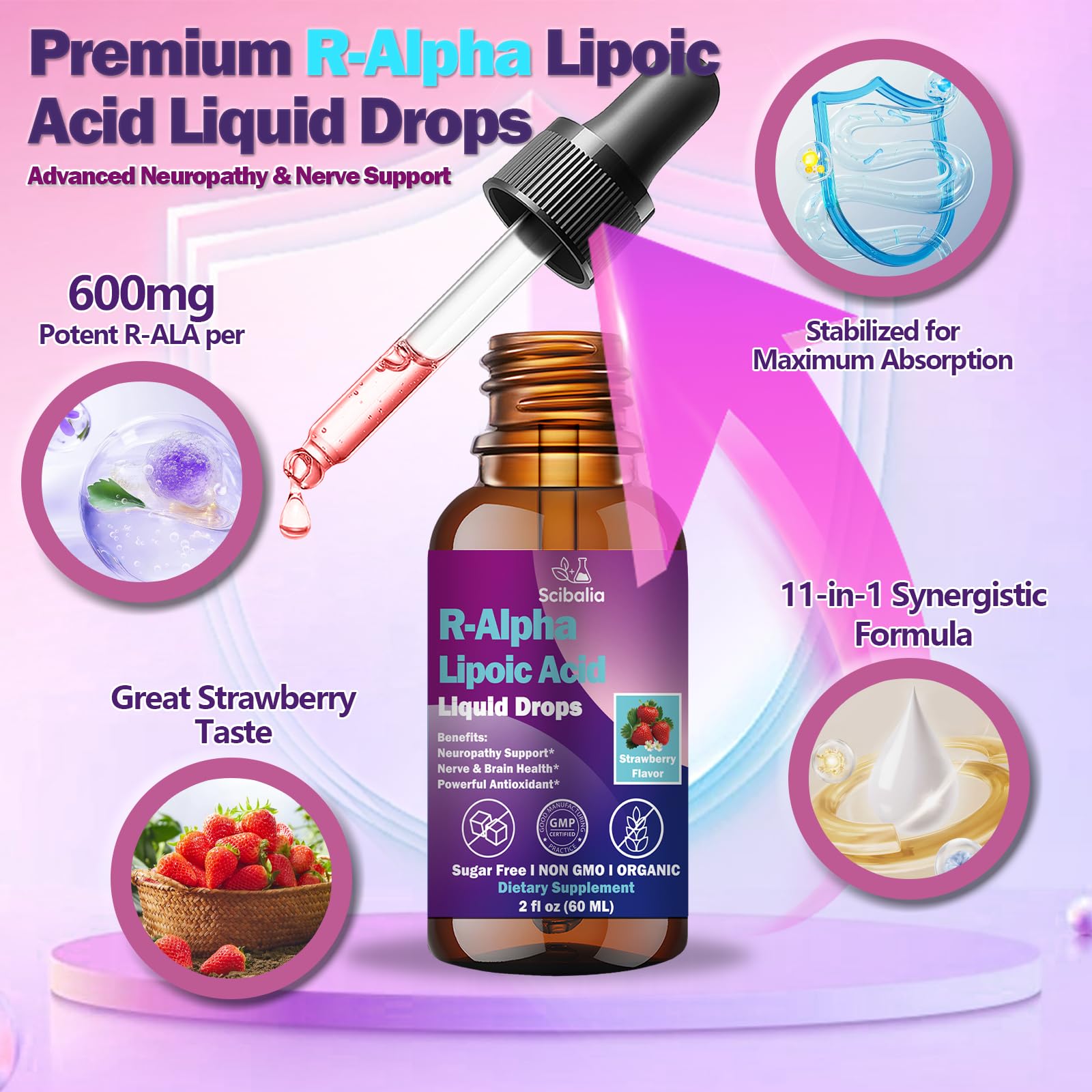 R Alpha Lipoic Acid 600mg Liquid Drops for Neuropathy, Advanced 11-in-1 Stabilized R-ALA Supplement w. Benfotiamine Acetyl L-Carnitine Vitamin C E for Antioxidant Nerve Brain Energy Health Non GMO Scibalia Au supplements
