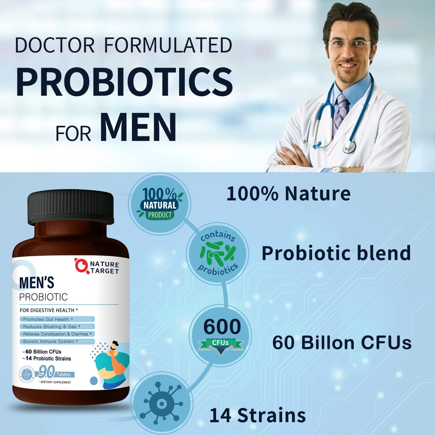 NATURE TARGET Probiotics for Men with Men Care Supplement, Prebiotics & Probiotic for Men's Digestive and Immune Health,60 Billion CFUs & 14 Strains Shelf Stable, Gluten & Soy Free (90 Tablets) NATURE TARGET Au supplements