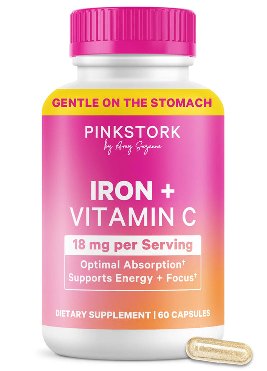 Pink Stork Iron for Women – 18 mg Non-Constipating Iron Bisglycinate + Vitamin C for Optimal Absorption – Energy, Focus, & Oxygen Supply – PMS, Pregnancy, Postpartum & Perimenopause - 60 Capsules Pink StorkAU supplements