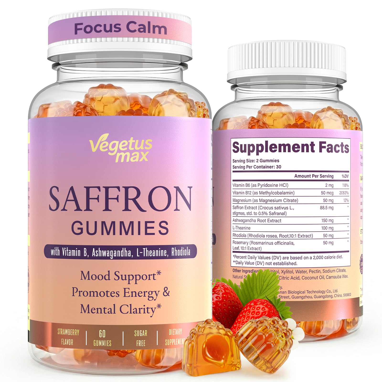 Saffron Supplements Gummies, 88.5mg Pure Saffron Extract with Ashwagandha L-Theanine Rhodiola Rosemary Magnesium Vitamin B6 B12 for Mood Focus Support Adults Kids - 60 Count VEGETUSMAX Au supplements