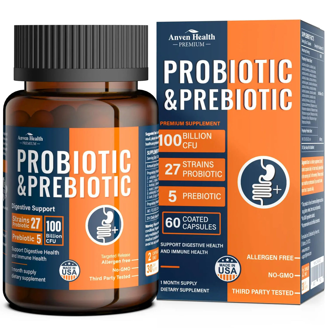 Anven Health 100 Billion Probiotics for Men and Women 27 Strains 5 Organic Prebiotics for Gut Digestive & Immune Health, Supports Diarrhea Gas Bloating, Anven Health uk supplements