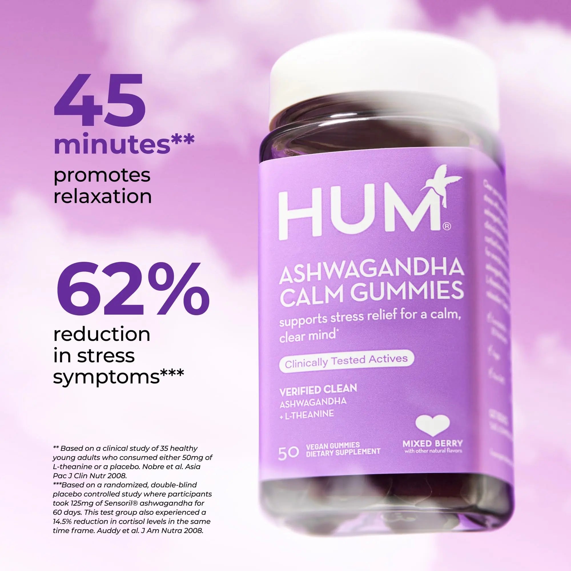 HUM Calm Ashwagandha Gummies for Women and Men, L-Theanine Ashwagandha Supplements for Daily Relaxation & Clarity Support, Vegan Fast Acting Gummy Formula, Mixed Berry Flavor, 60 Gummies HUM Au supplements