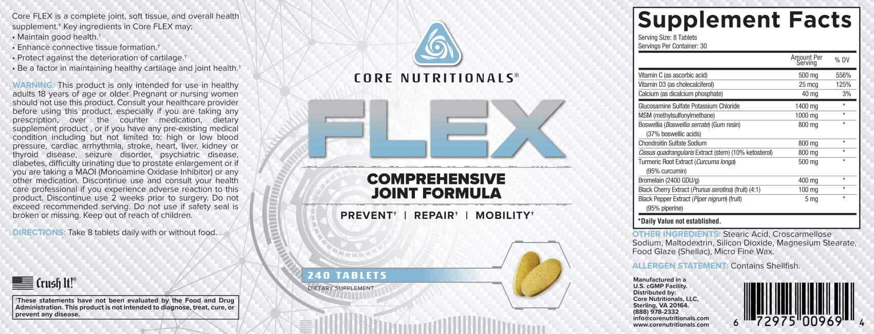 Core Nutritionals Flex Comprehensive Joint Formula | Promotes Healthy Tendons, Ligaments, & Cartilage | Improve Mobility | Antioxidants for Recovery | 240 Tablets Core Nutritionals Au supplements