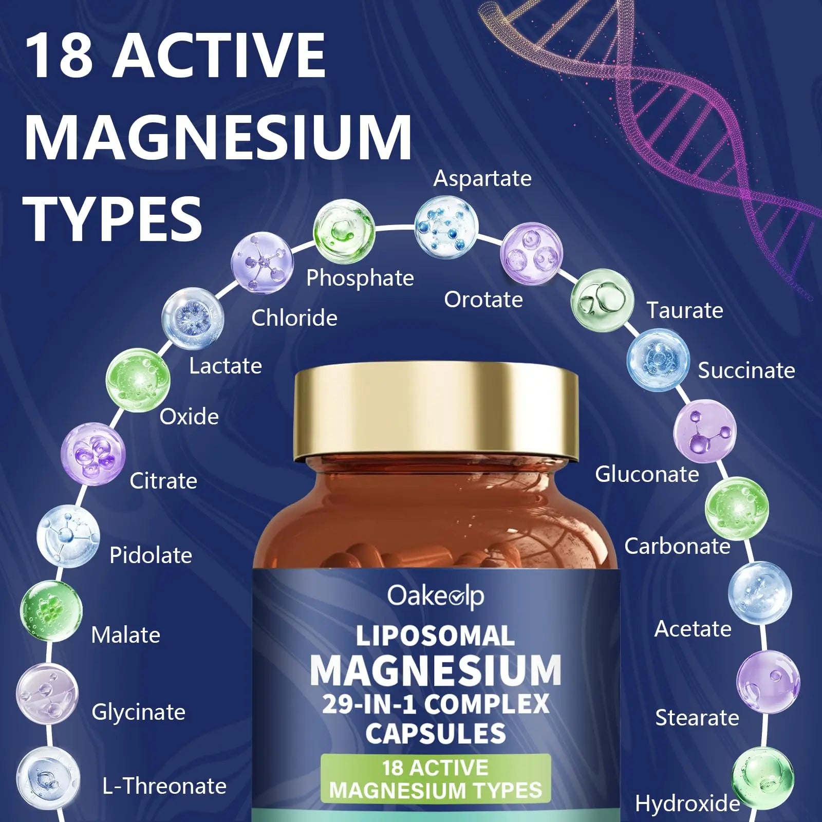 29-in-1 Liposomal 18 Active Types Magnesium Complex 1400MG Capsule,L-Threonate Glycinate Malate etc,Mild & Efficient,Extra Vitamin B6 B12 D3K2 & CoQ10, Relaxation Nerve* & Hert* Support Oakevlp Au supplements