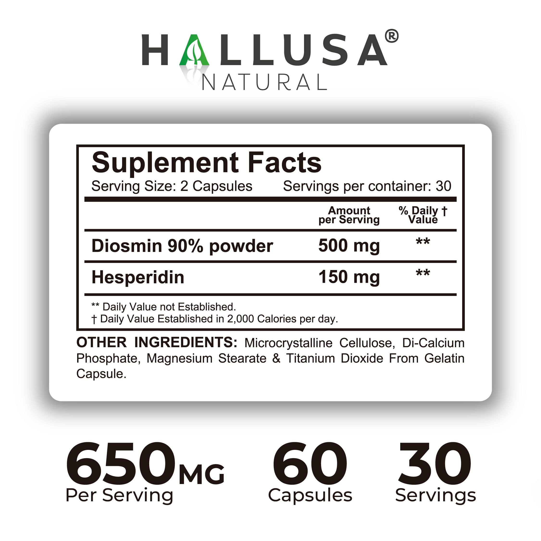 Hallusa Natural Hallosmine Ultra Diosmin 500mg & Hesperidin 150mg – Heavy Legs, Swelling & Vein - Blood Circulation Supplements, 60 Caps Hallusa Natural Au supplements