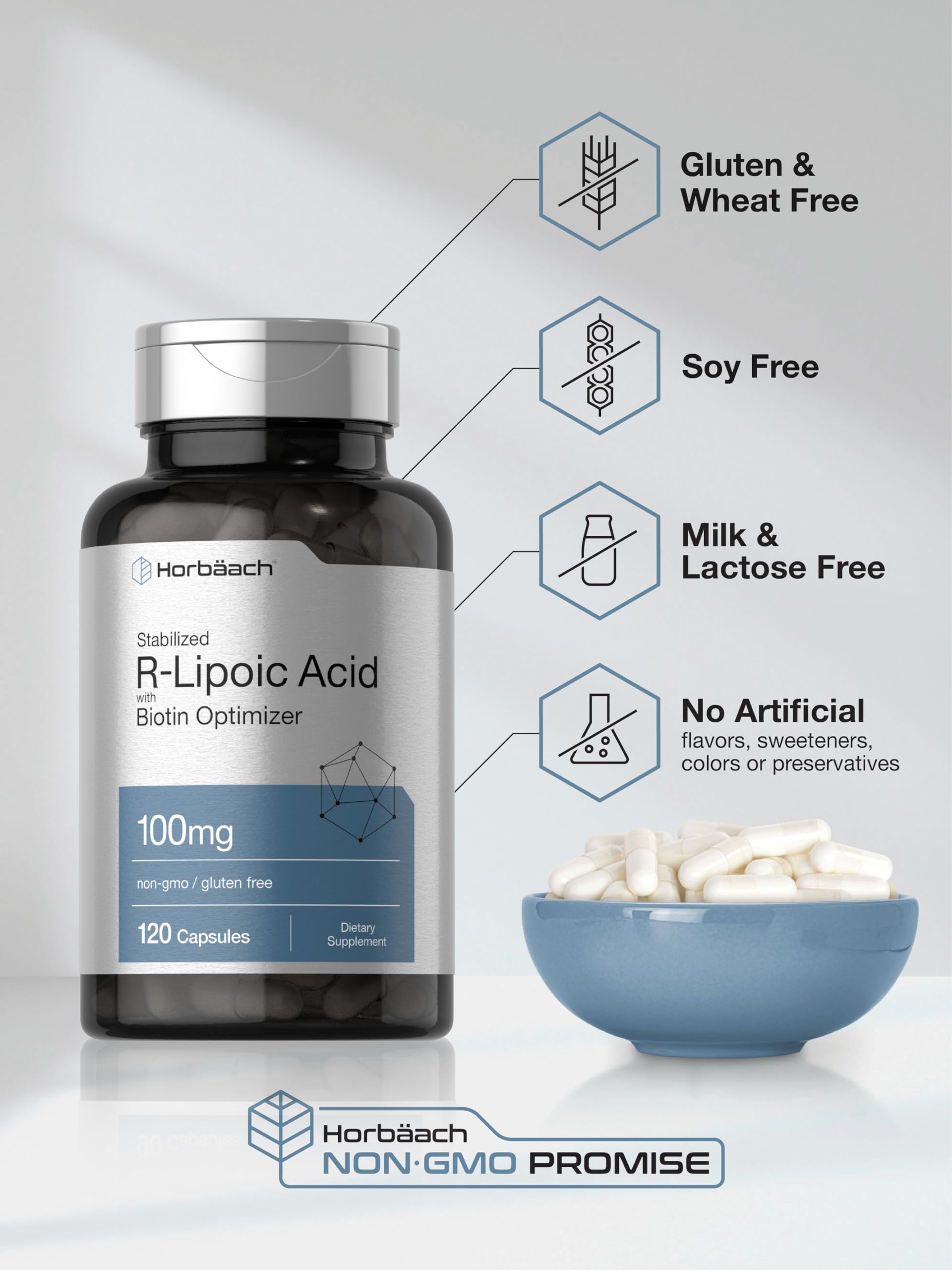 R-Lipoic Acid 100 mg | 120 Capsules | with Biotin Optimizer | Non-GMO, Gluten Free Horbäach Au supplements