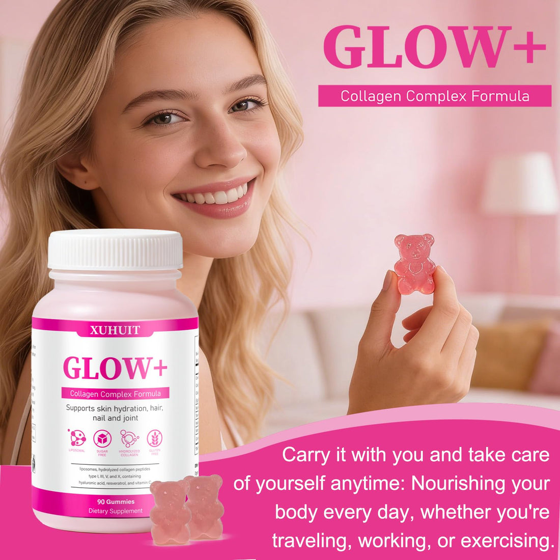 PBZPBZ Glow Collagen Gummies with Hyaluronic Acid & Resveratrol | Gentle Support for Skin, Hair & Nail Care | Non-GMO | 90 Count (1) PBZPBZ Au supplements