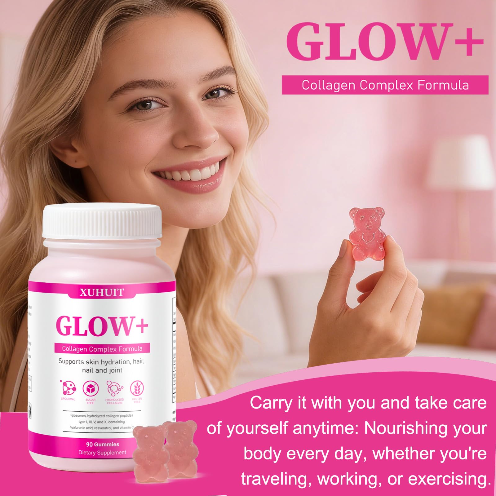 PBZPBZ Glow Collagen Gummies with Hyaluronic Acid & Resveratrol | Gentle Support for Skin, Hair & Nail Care | Non-GMO | 90 Count (1) PBZPBZ Au supplements