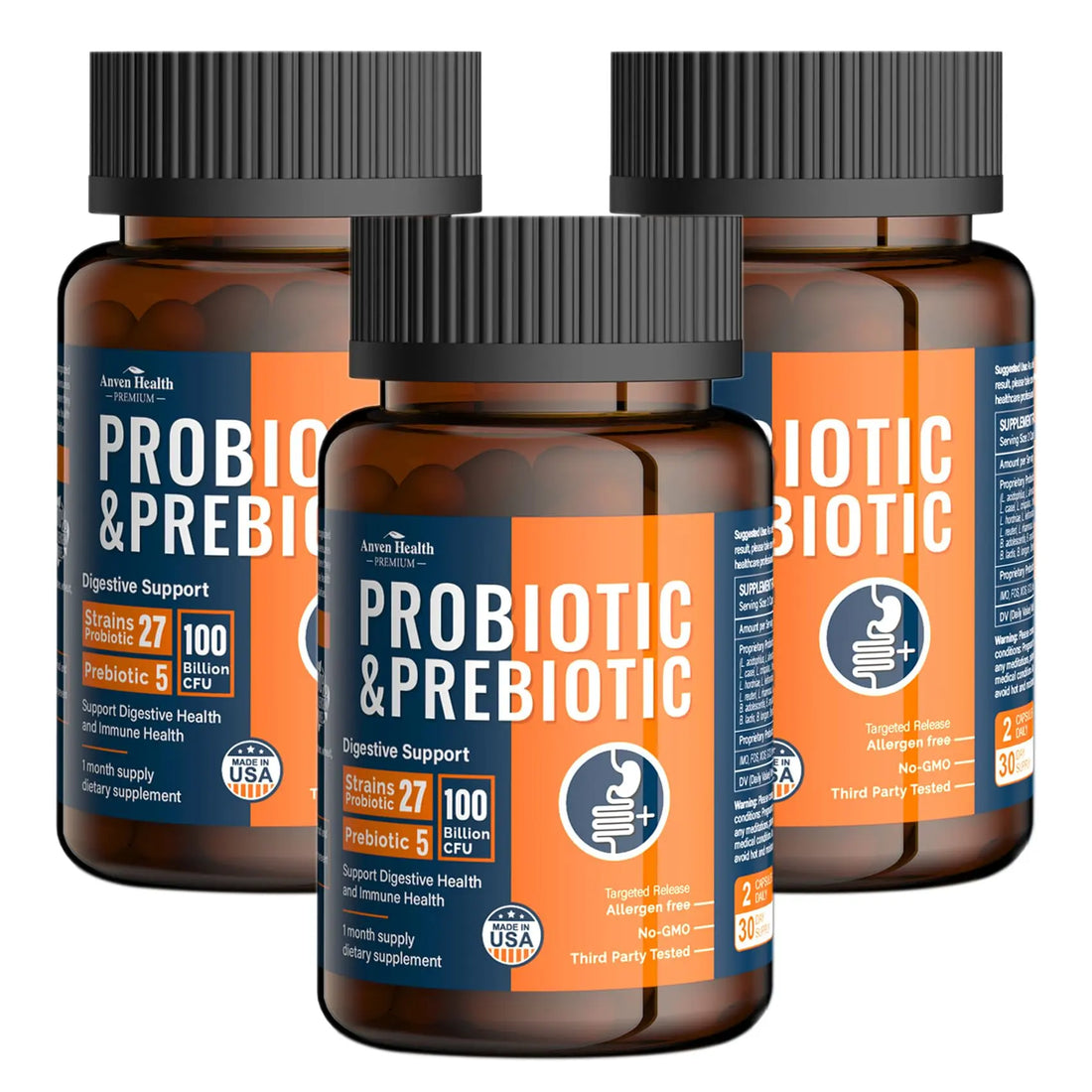Anven Health 100 Billion Probiotics for Men and Women 27 Strains 5 Organic Prebiotics for Gut Digestive & Immune Health, Supports Diarrhea Gas Bloating Anven Health uk supplements