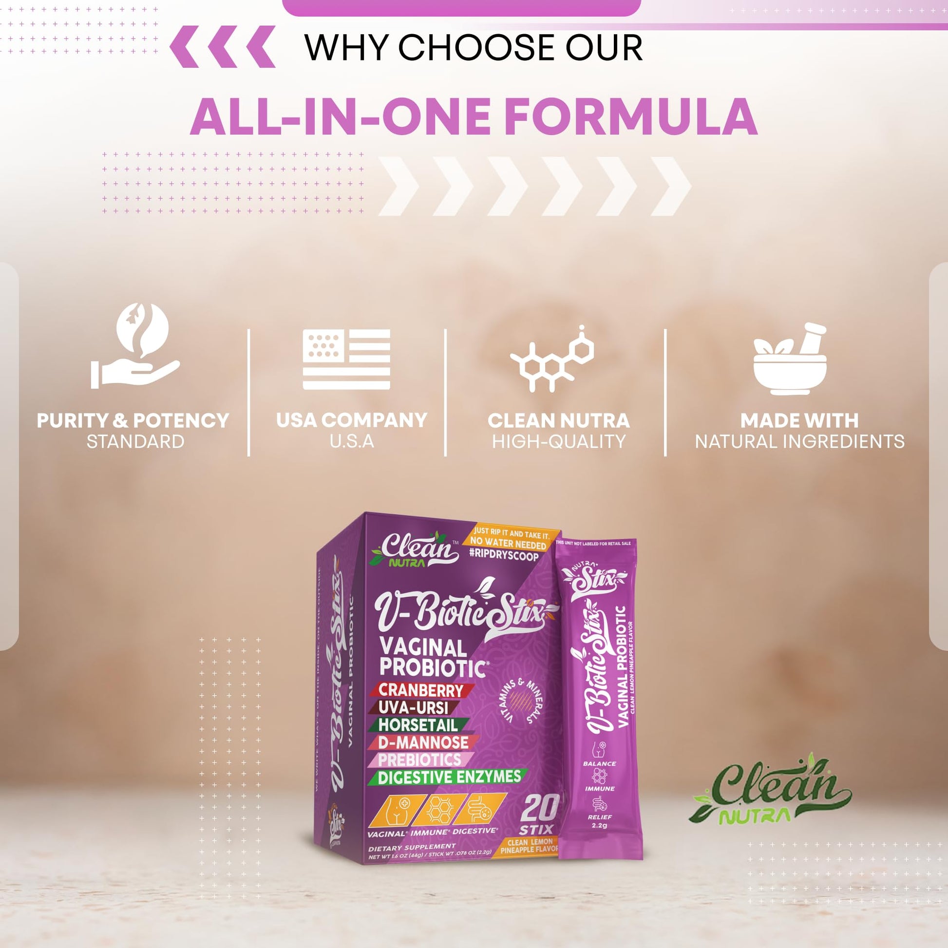 Clean Nutraceuticals Vaginal Probiotics for Women with Cranberry Extract, D-Mannose, Prebiotics, pH Balance for Women, Vaginal Health – Womens Probiotic Alternative to Gummies - 20 Stix Clean Nutraceuticals Au supplements