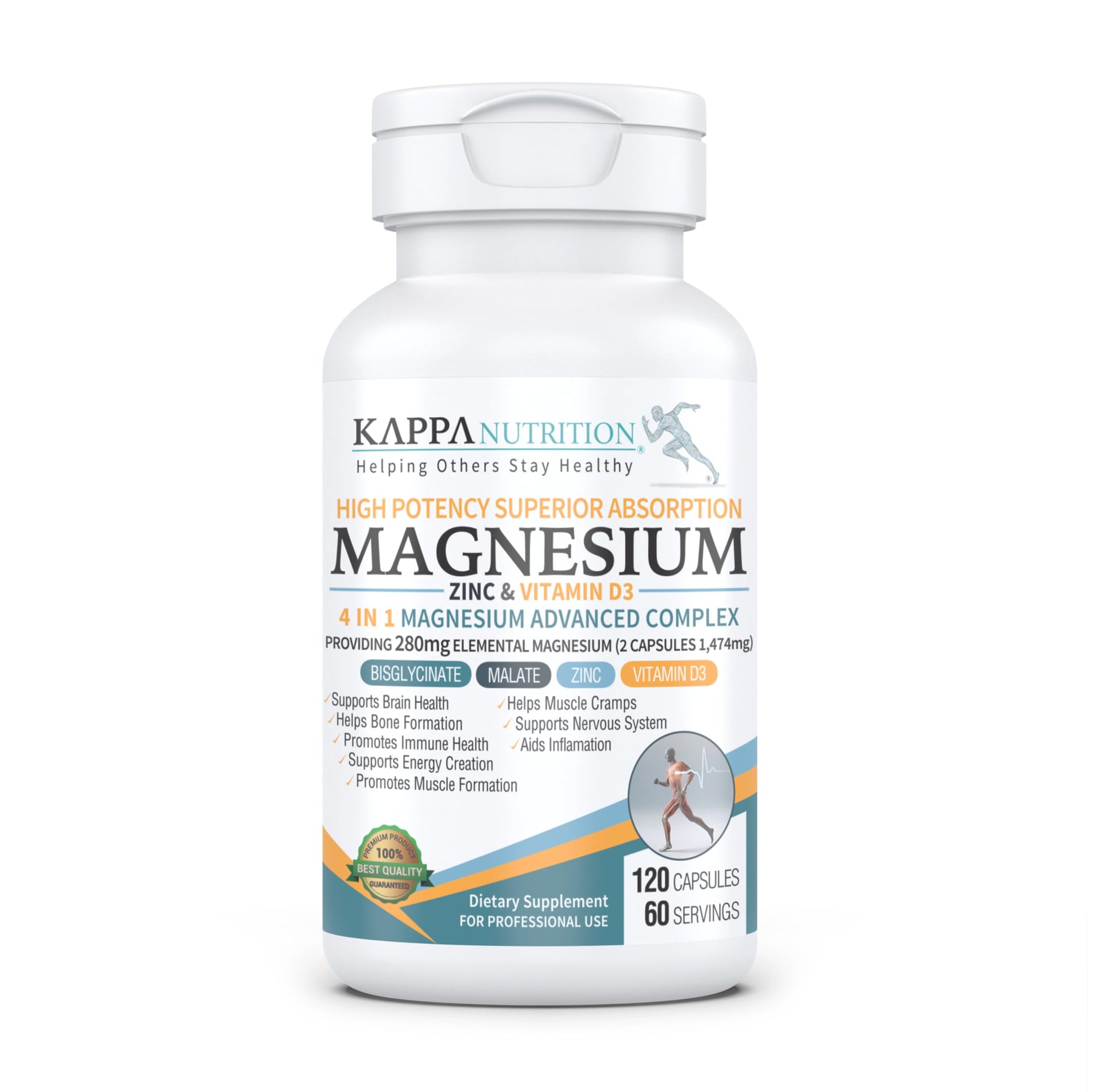 Kappa Nutrition Magnesium 4-in-1, 280mg Elemental Magnesium (Bisglycinate, Malate) + Zinc & Vitamin D3, Brain, Sleep, Energy, Muscle, Immune Support, 120 Vegan Capsules. KAPPA NUTRITION Au supplements