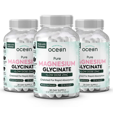 Organics Ocean Pure Magnesium Glycinate with Zinc - Maximum Strength Chelated Magnesium Supplement for Women and Men for Muscle Cramps and Sleep Support - 3 Bottles Organics Ocean Au supplements