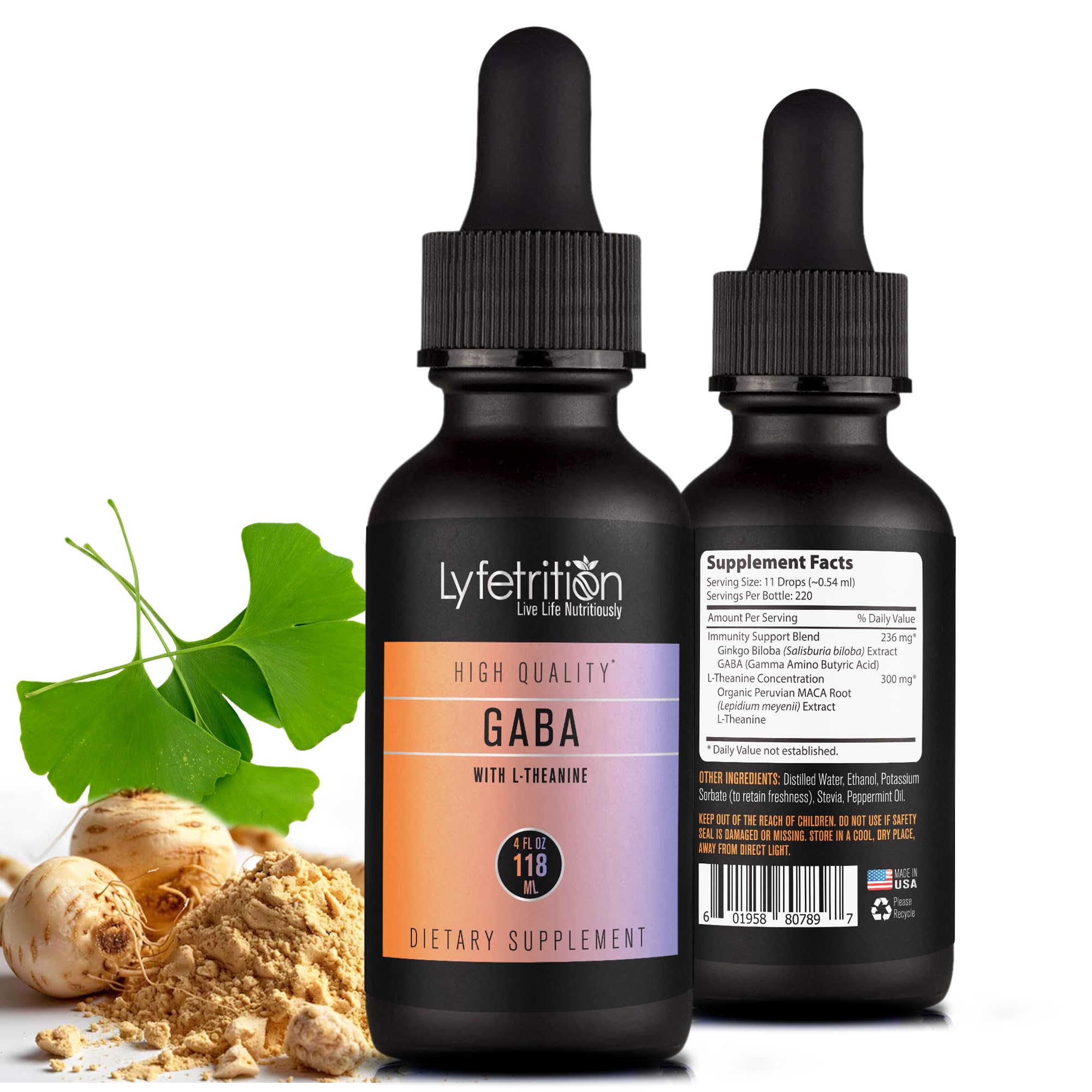 Lyfetrition GABA with L-Theanine, Ginkgo Biloba (Salisburia biloba) Extract, Organic Peruvian MACA Root (Lepidium meyenii) Extract, 118 ml, 4 FL Oz Liquid, 220 Servings, Made in USA, Quick Absorption Lyfetrition Au supplements