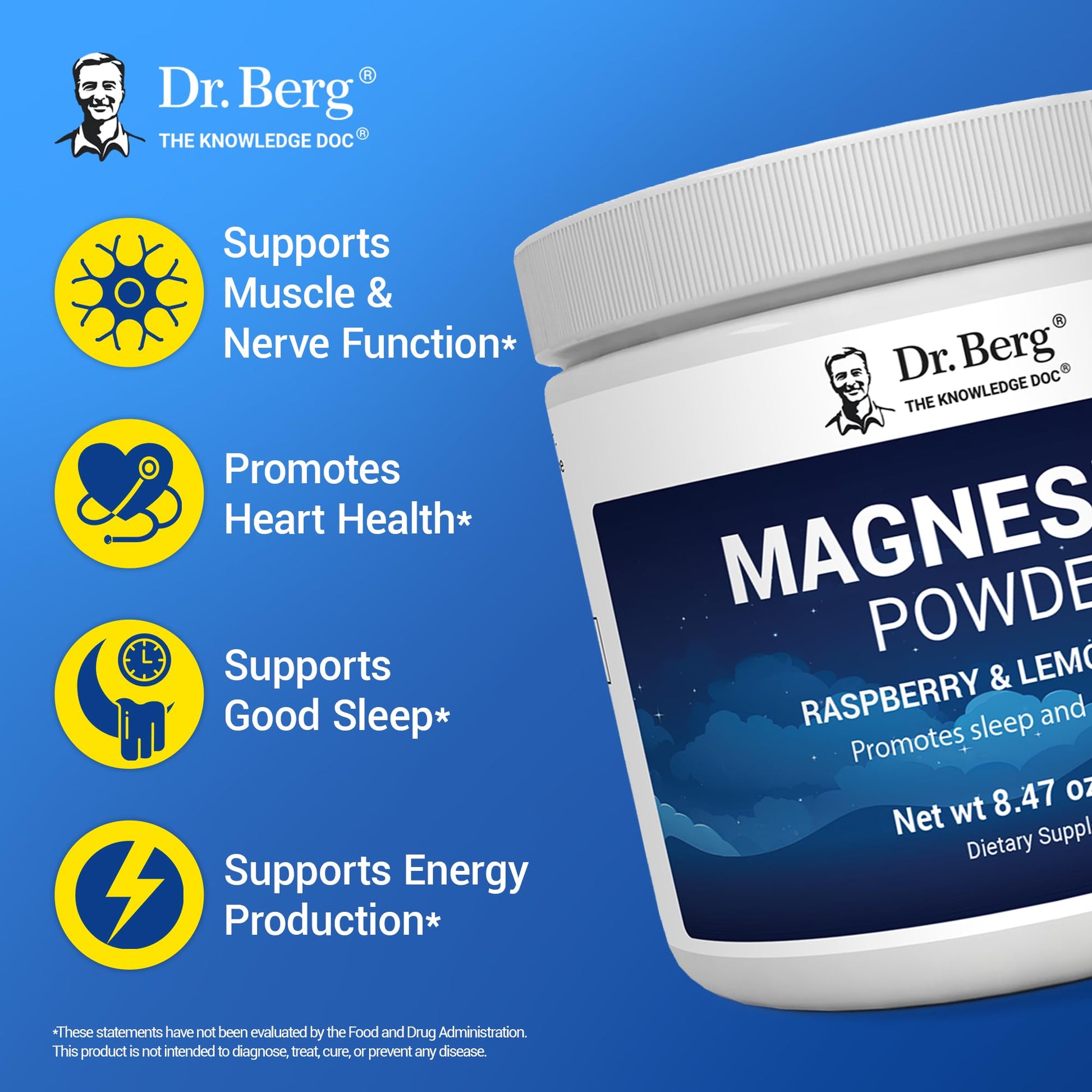 Dr. Berg Magnesium Glycinate Powder for Sleep, Relaxation, & Stress Relief - Now Includes Vitamin D3 & Zinc - Delicious Raspberry & Lemon Flavor (50 Servings) Magnesium Powder - Magnesium Drink Powder Dr. Berg Nutritionals Au supplements