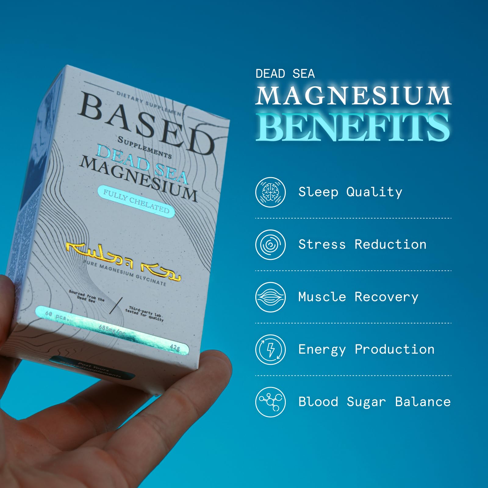 Based Dead Sea Magnesium | Pure Magnesium Glycinate | Support Stress Relief, Sleep, Heart Health, Nerves, Muscles, and Metabolism | 60 Capsules Based Supplements Au supplements
