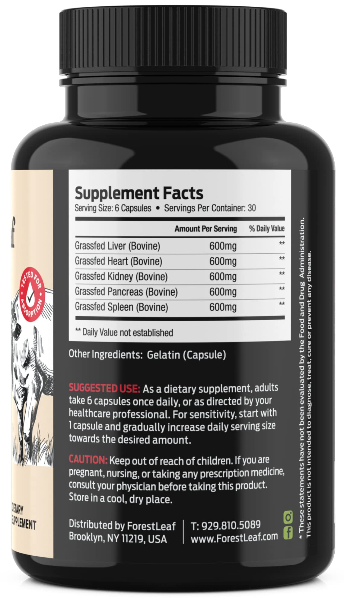 ForestLeaf Beef Organ Supplement - Grass Fed & Pasture Raised - Total Body Wellness & Performance, Organ Complex with 3000mg of Desiccated Beef Liver, Heart, Kidney, Pancreas, Spleen (180 Capsules) ForestLeaf Au supplements