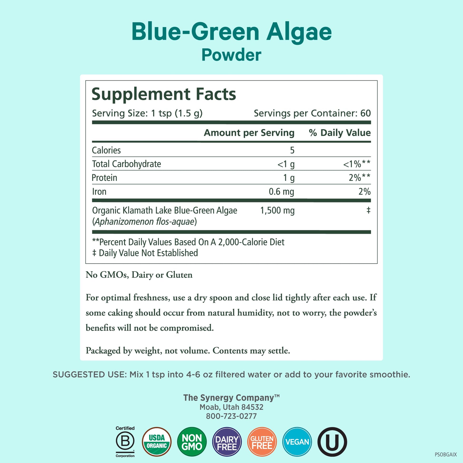 PURE SYNERGY Blue-Green Algae Powder | Superfood Powder with Chlorophyll | Organic AFA Blue Green Algae Supplement | Supports Energy, Mental Clarity, and Detoxification (3.2 oz.) PURE SYNERGY Au supplements