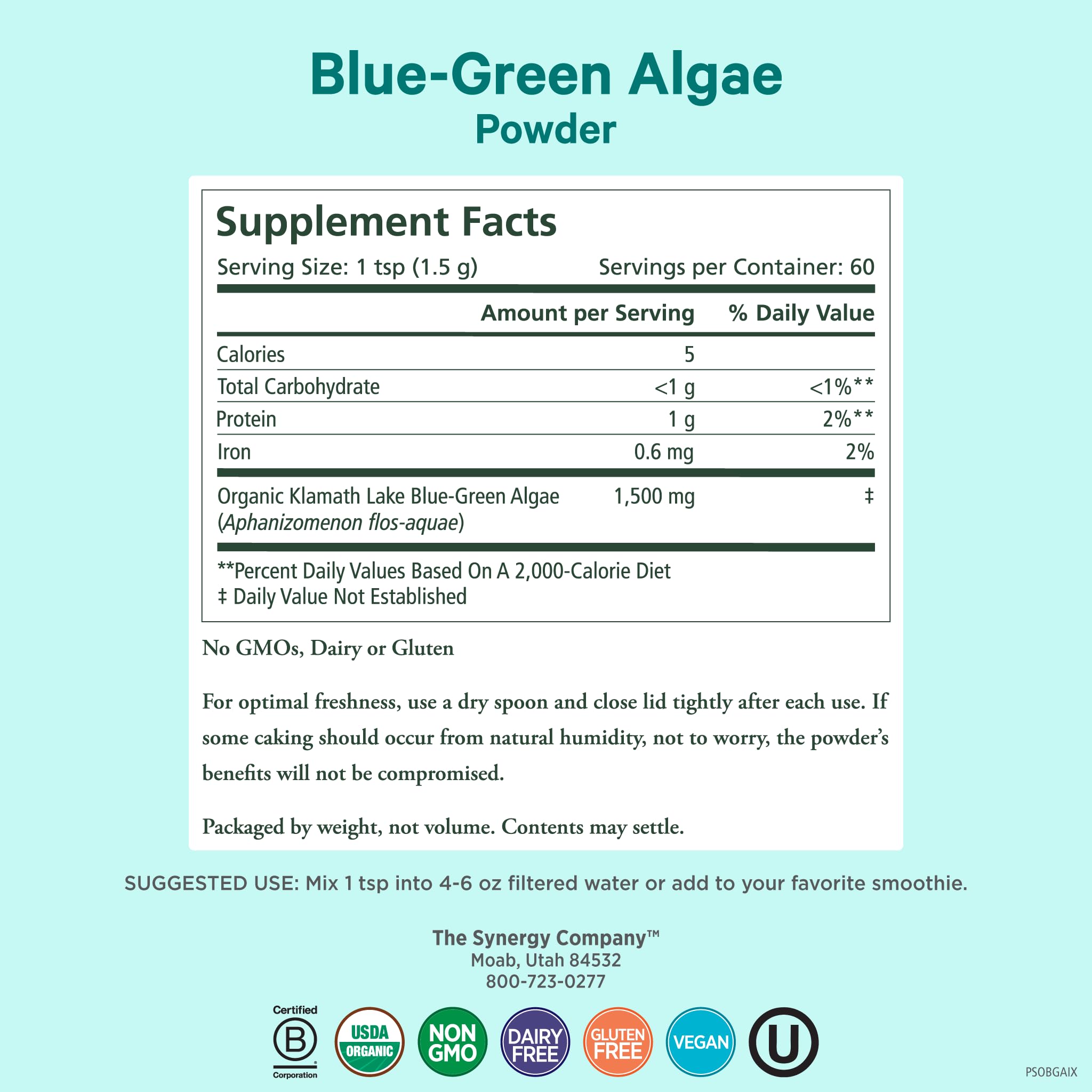 PURE SYNERGY Blue-Green Algae Powder | Superfood Powder with Chlorophyll | Organic AFA Blue Green Algae Supplement | Supports Energy, Mental Clarity, and Detoxification (3.2 oz.) PURE SYNERGY Au supplements