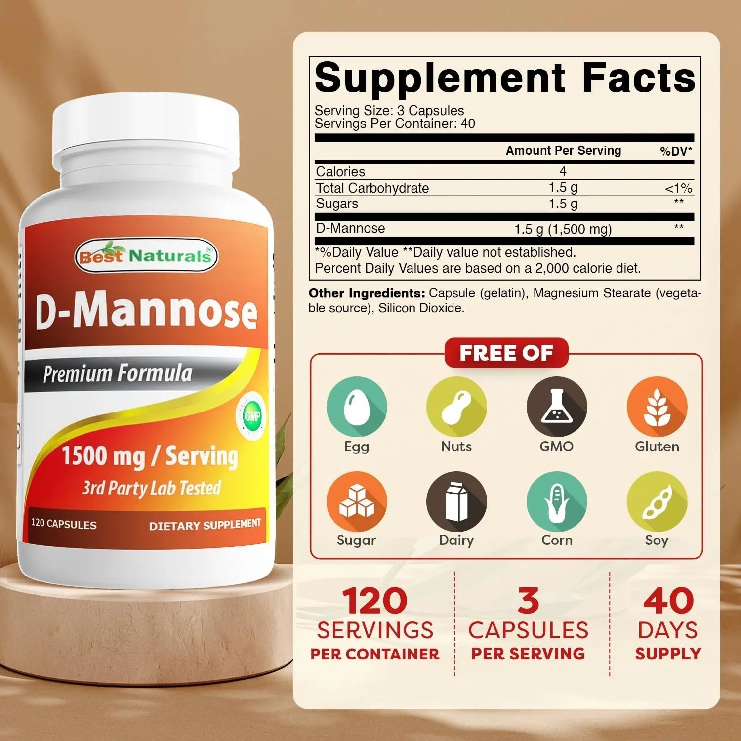 Best Naturals D-Mannose Capsules - Urinary Tract Cleanse Supplement 1500mg/Serving - 120 Count Best Naturals Au supplements