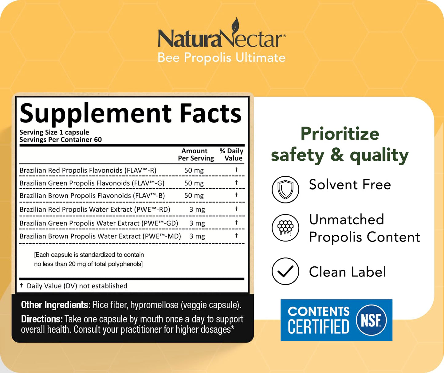 NaturaNectar - Ultimate Bee Propolis Capsules - NSF Contents Certified -Brazilian Red, Brown, & Green - Gluten-Free Supplement with Flavonoids - Naturally Sourced Through Ethical Beekeeping (60pcs.) NaturaNectarAu supplements