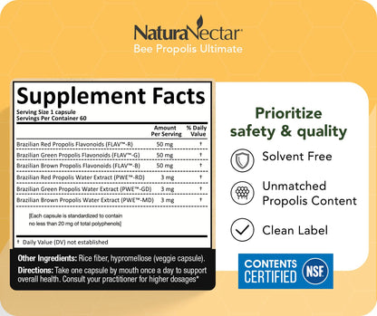 NaturaNectar - Ultimate Bee Propolis Capsules - NSF Contents Certified -Brazilian Red, Brown, & Green - Gluten-Free Supplement with Flavonoids - Naturally Sourced Through Ethical Beekeeping (60pcs.) NaturaNectarAu supplements
