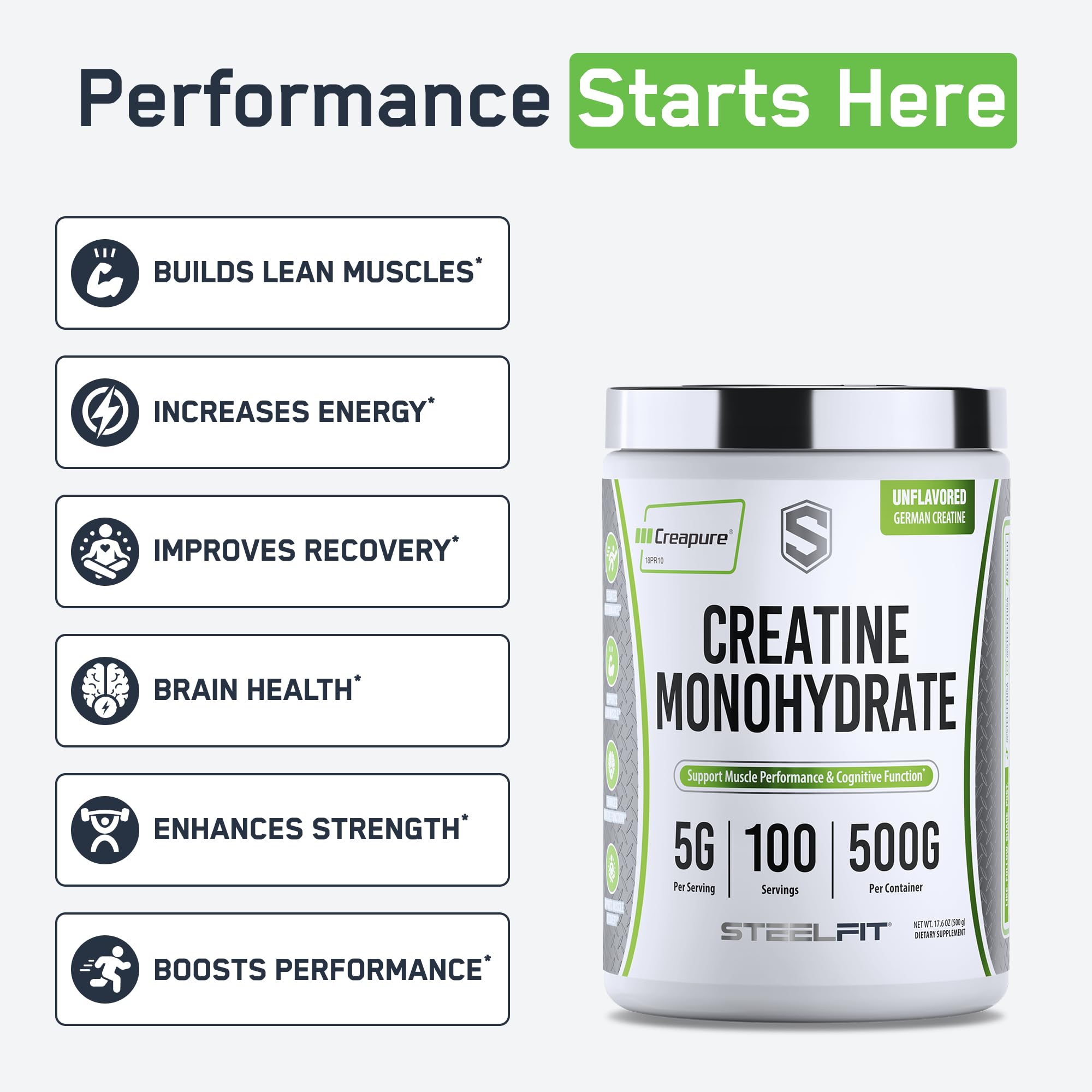 SteelFit Creapure Creatine Monohydrate Powder, Unflavored - German Micronized Creatine Powder for Men & Women - Gym Workout Nutritional Supplements for Muscle Gain, Brain Health & Strength Building SteelFit Au supplements