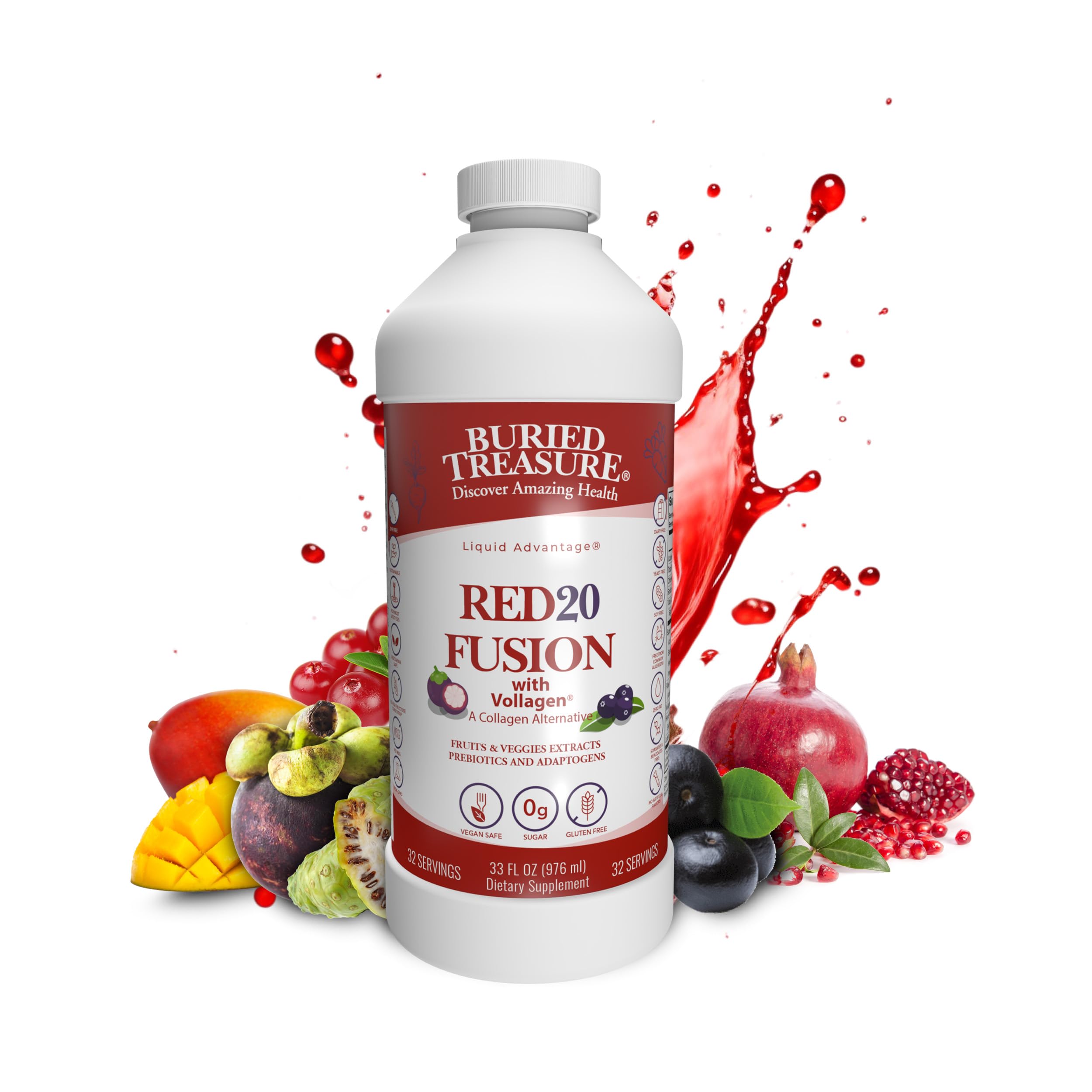 Buried Treasure Red20 Fusion Superfood Blend – Acai, Beets, Blueberry, Fiber, Adaptogens, Lutein, Vegan Vollagen, Natural Energy, Digestion, Eye Health & Wellness Support, 32oz Liquid Buried Treasure Au supplements