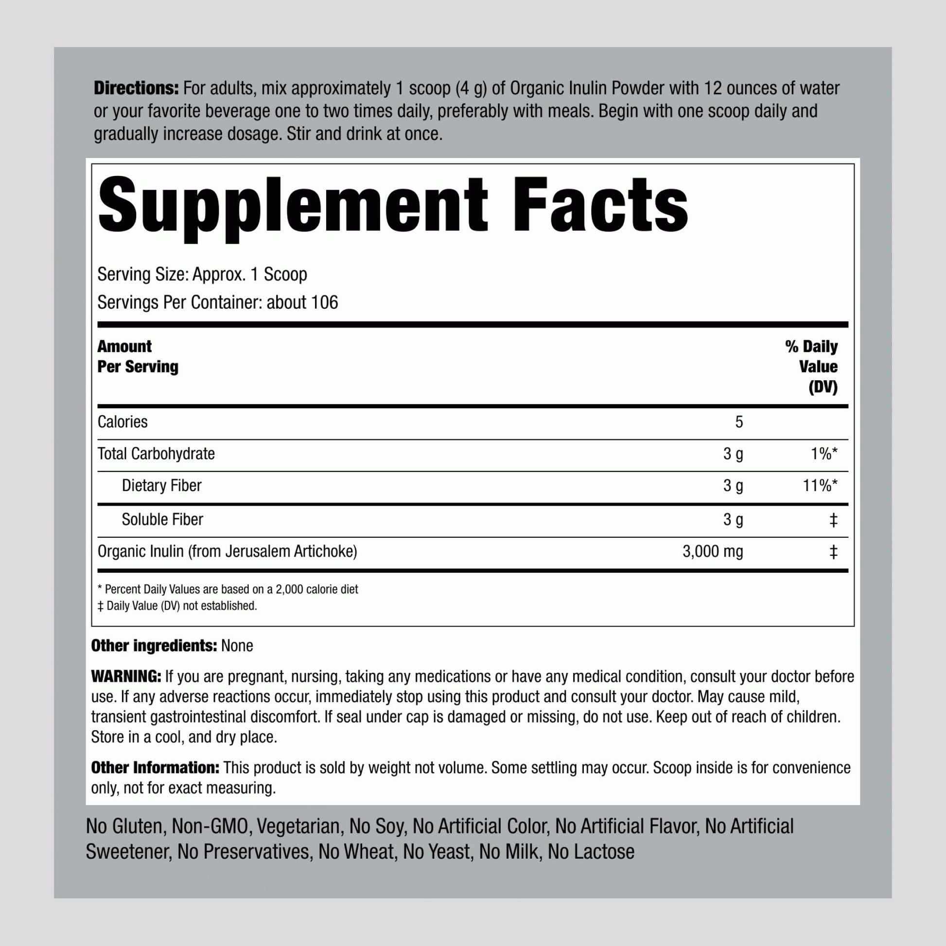 Piping Rock Organic Inulin Powder | 15 oz | Soluble Fiber Supplement | FOS Powder | Vegetarian, Non-GMO, Gluten Free Piping Rock Au supplements