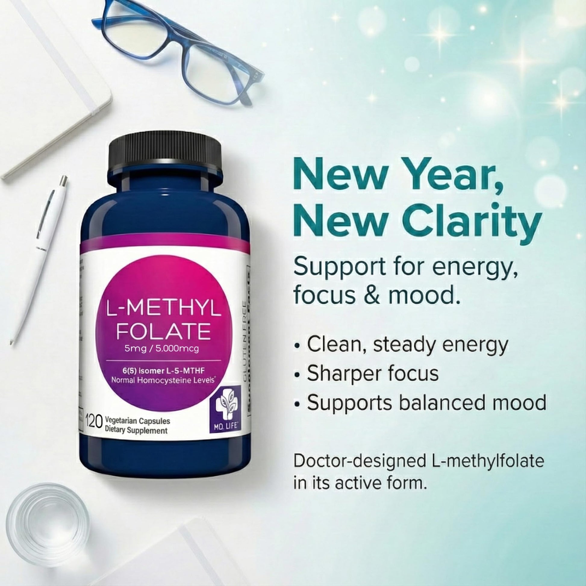 MD Life L-Methylfolate 5 mg Supplement - Professional-Grade Active L Methylfolate Supplement - 120 Capsules - L-Methylfolate 5mg - Maximum Potency MTHFR W/Essential Amino Acids MD.LIFE Au supplements