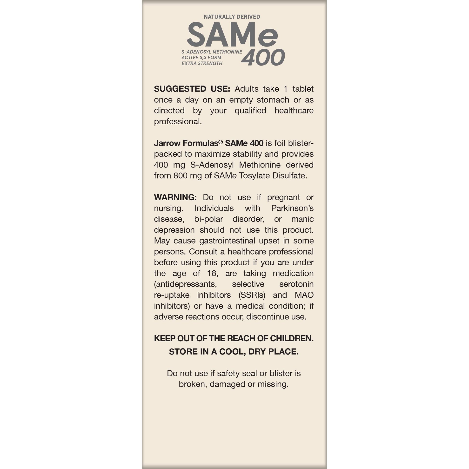 Jarrow Formulas SAMe Supplement 400 mg - 60 Tablets - High Concentration of Active S,S Form - Supports Joint Health, Liver Function, Brain Metabolism, Balanced Mood & Antioxidant Defense - 60 Servings Jarrow Formulas Au supplements