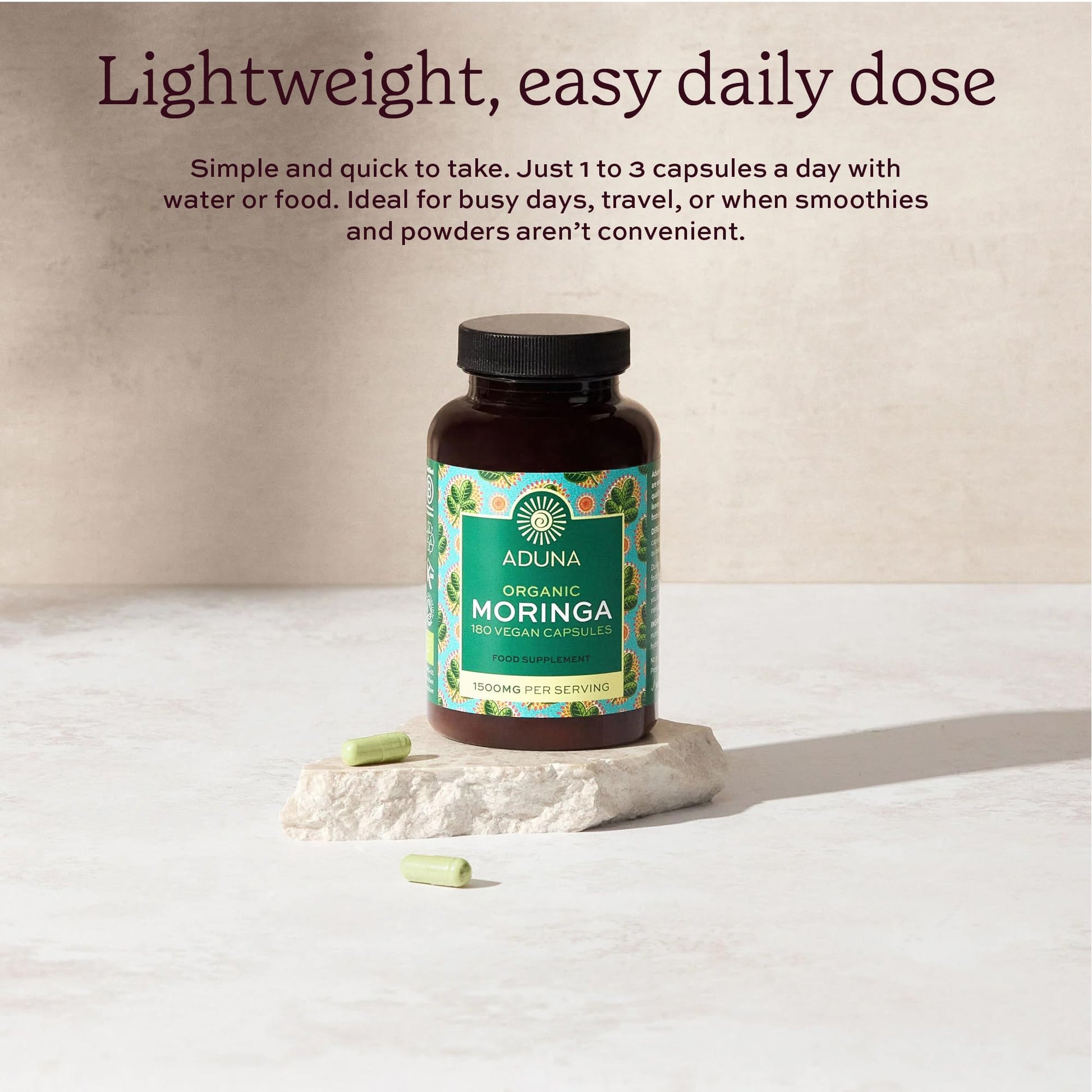 Aduna Organic Moringa Capsules 1500mg | 100% Pure Moringa Leaf for Energy, Immunity & Focus | Natural Plant-Based Food Supplement for Tiredness, Recovery & Breastfeeding | 180 Vegan Capsules Aduna Au supplements