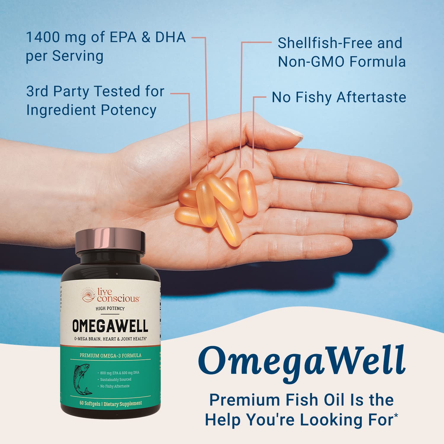 Live Conscious OmegaWell Omega 3 Fish Oil - 2000mg Capsules: Heart, Brain, & Joint Support - 800 mg EPA 600 mg DHA - Sustainably Sourced - Softgels - 30 Day Supply Live Conscious Au supplements