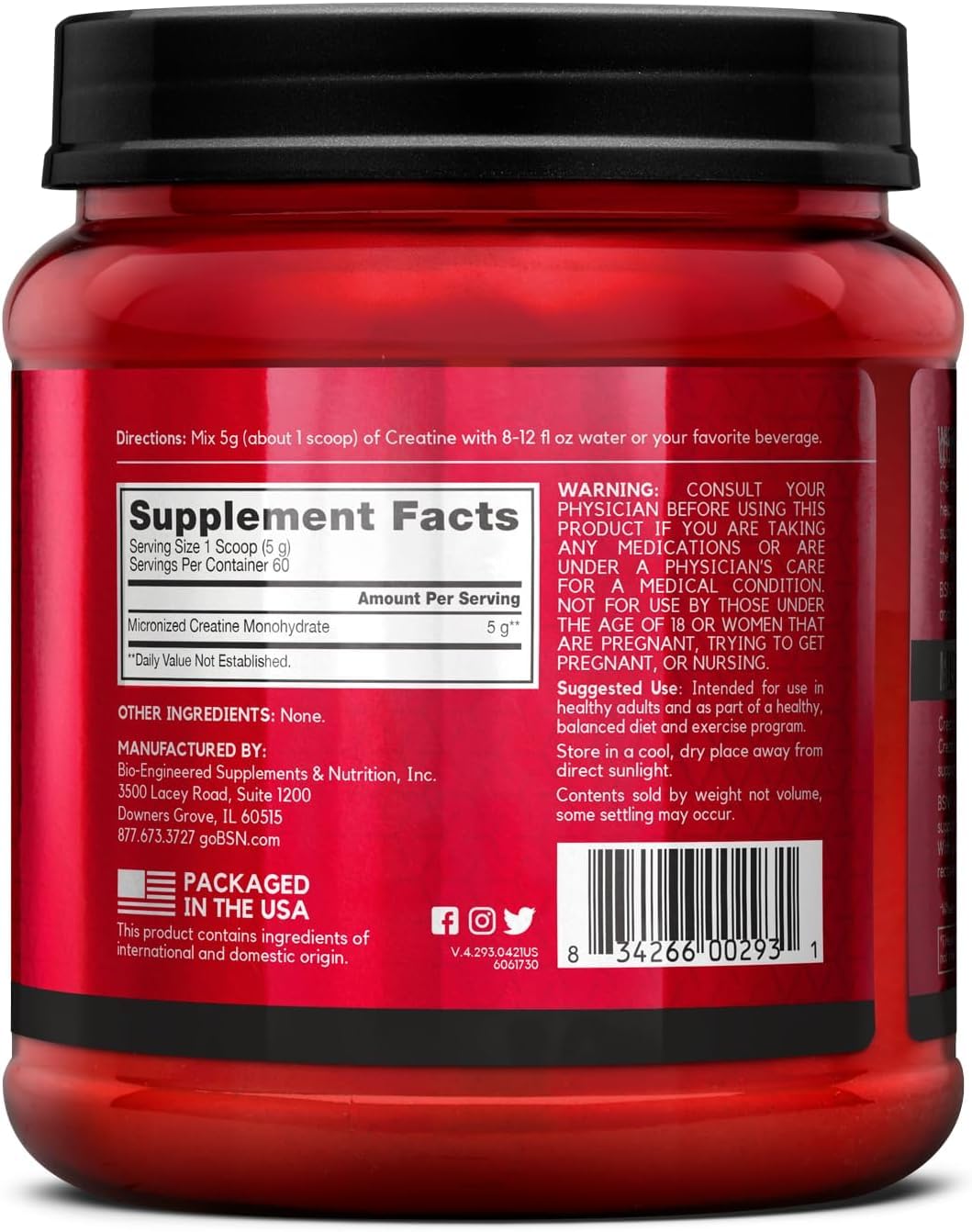 BSN Micronized Creatine Monohydrate Powder, Unflavored Creatine Powder, Micronized, Supports Muscle Building, Supports Muscle Strength, Gym Supplement, 5g per Serving, 5000mg per Servings, 60 Servings BSN Au supplements