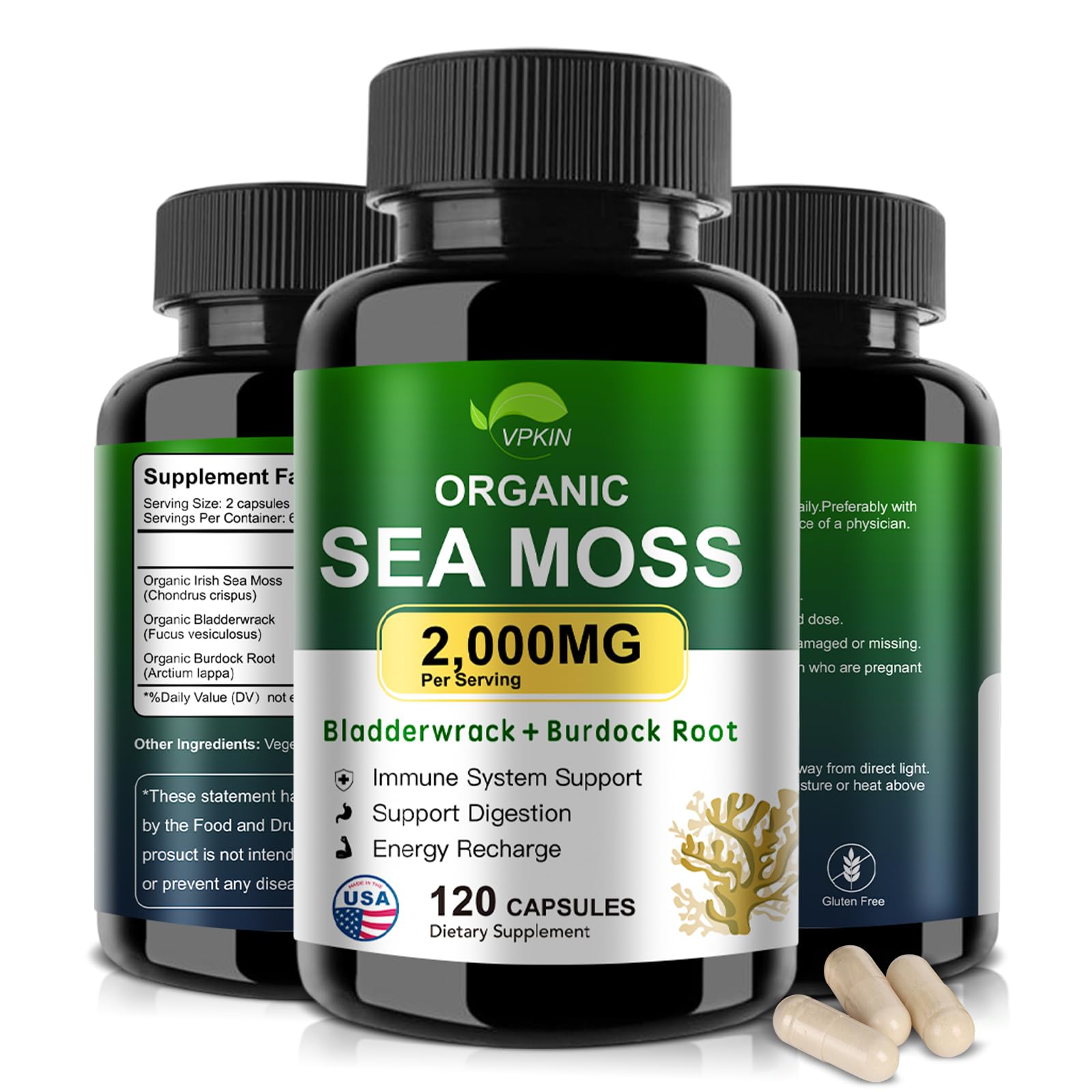 VPKIN Organic Sea Moss Capsules with Bladderwrack,Burdock Root and Black Pepper Extract-Irish SeaMoss Pills 2000mg-Promotes Immune System,Thyroid Support(120 Capsules) VPKIN Au supplements