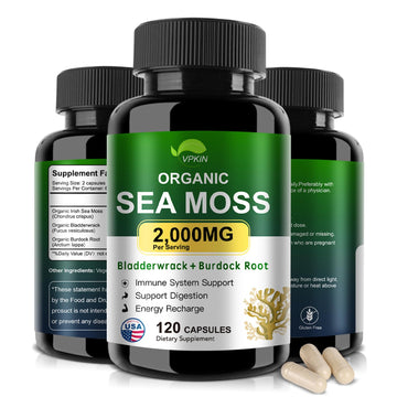 VPKIN Organic Sea Moss Capsules with Bladderwrack,Burdock Root and Black Pepper Extract-Irish SeaMoss Pills 2000mg-Promotes Immune System,Thyroid Support(120 Capsules) VPKIN Au supplements