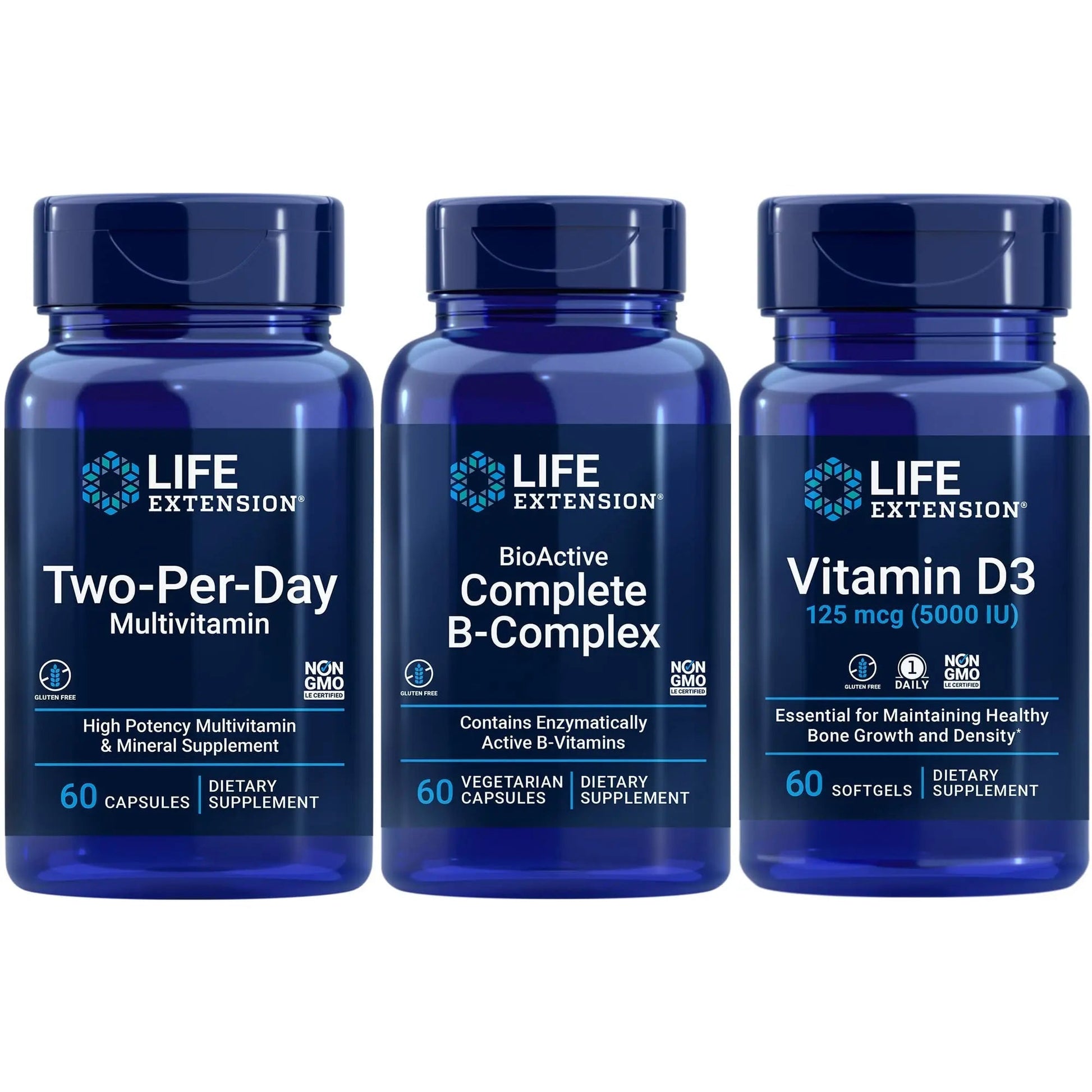 Life Extension Two-Per-Day Multivitamin, 60 capsules | BioActive Complete B-Complex, 60 capsules | Vitamin D3 125 mcg (5000 IU), 60 softgels | Bone & immune health, energy and metabolism support Life Extension Au supplements