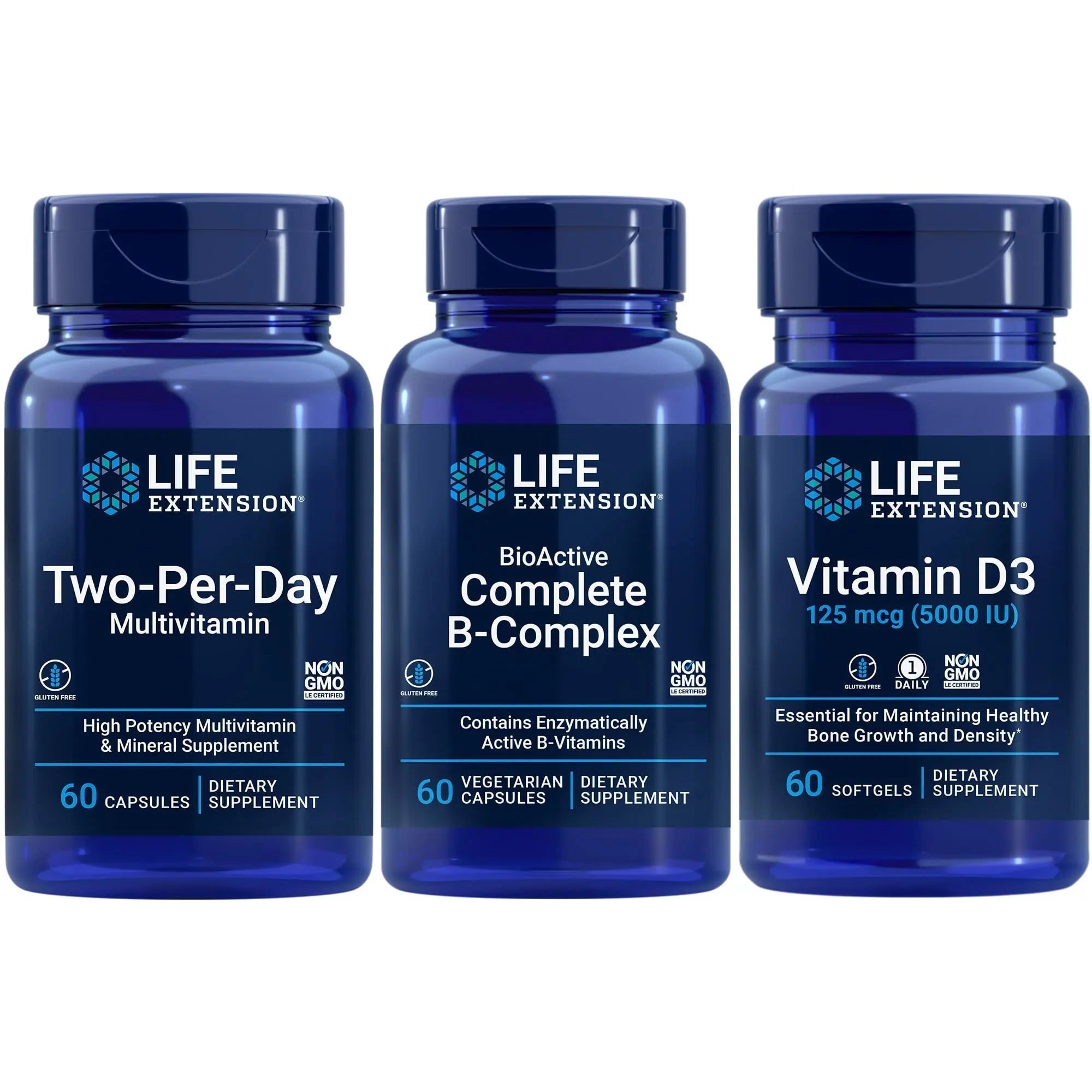 Life Extension Two-Per-Day Multivitamin, 60 capsules | BioActive Complete B-Complex, 60 capsules | Vitamin D3 125 mcg (5000 IU), 60 softgels | Bone & immune health, energy and metabolism support Life Extension Au supplements