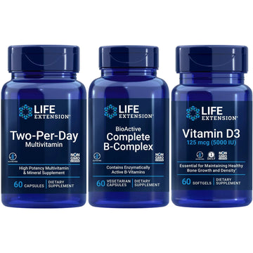 Life Extension Two-Per-Day Multivitamin, 60 capsules | BioActive Complete B-Complex, 60 capsules | Vitamin D3 125 mcg (5000 IU), 60 softgels | Bone & immune health, energy and metabolism support Life Extension Au supplements